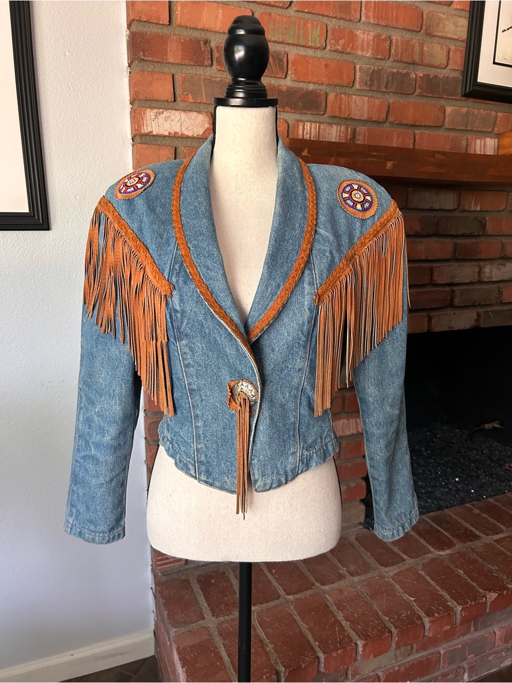Vintage Phoenix USA Frontier Collection Suede Fringe Beaded Denim Jacket Sz S